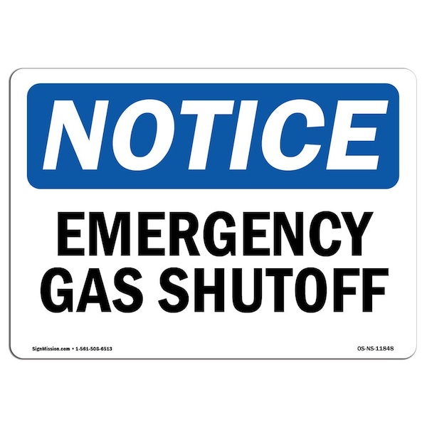 Safety Sign, OSHA Notice, 3.5" Height, 5" Width, Emergency Gas Shutoff Sign, Landscape, 10PK